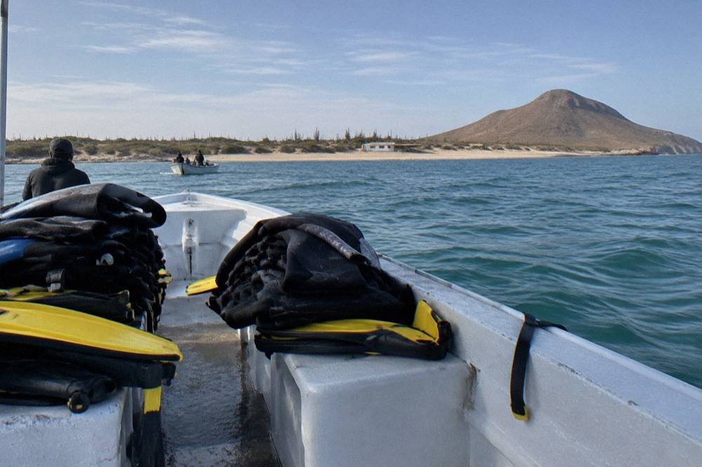 A small tour boat drifting in the bay with snorkel gear stacked on the bench seats