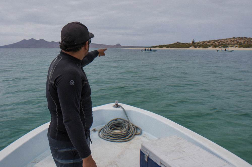 A guide pointing toward open water from the bow of a small tour boat in a bay