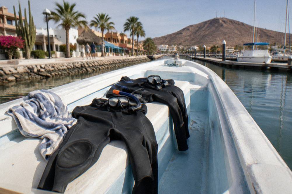 Wetsuits and snorkel masks laid out on a boat bench before a swim