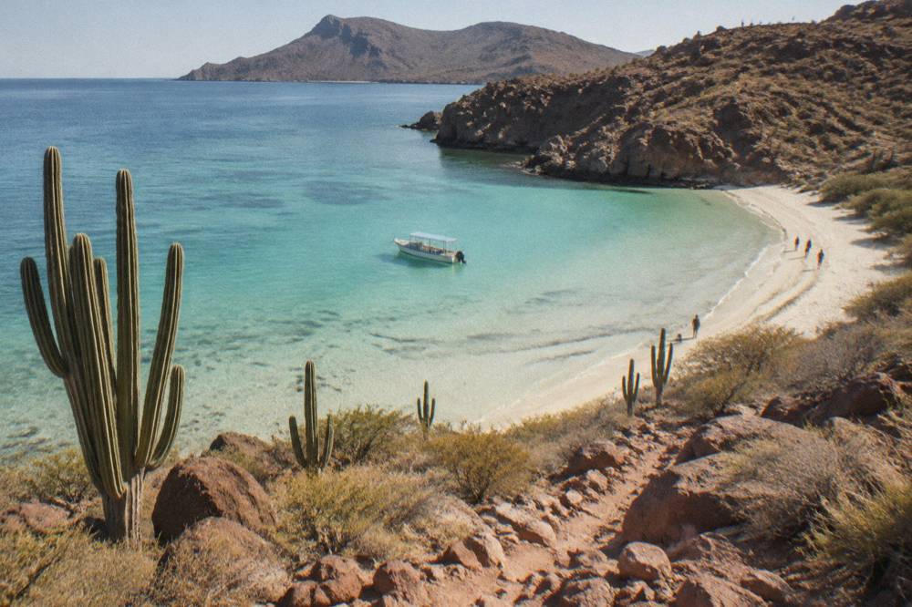 Small tour boat anchored near a shallow beach with turquoise water