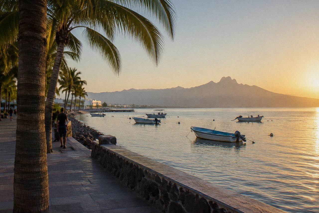 calm bay water beside the La Paz malecon at sunrise with boats moored offshore