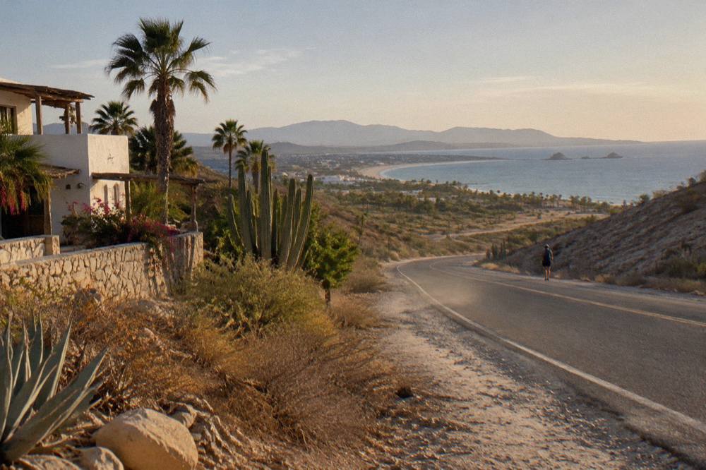 A coastal highway curving past dry golden hills toward a distant bay