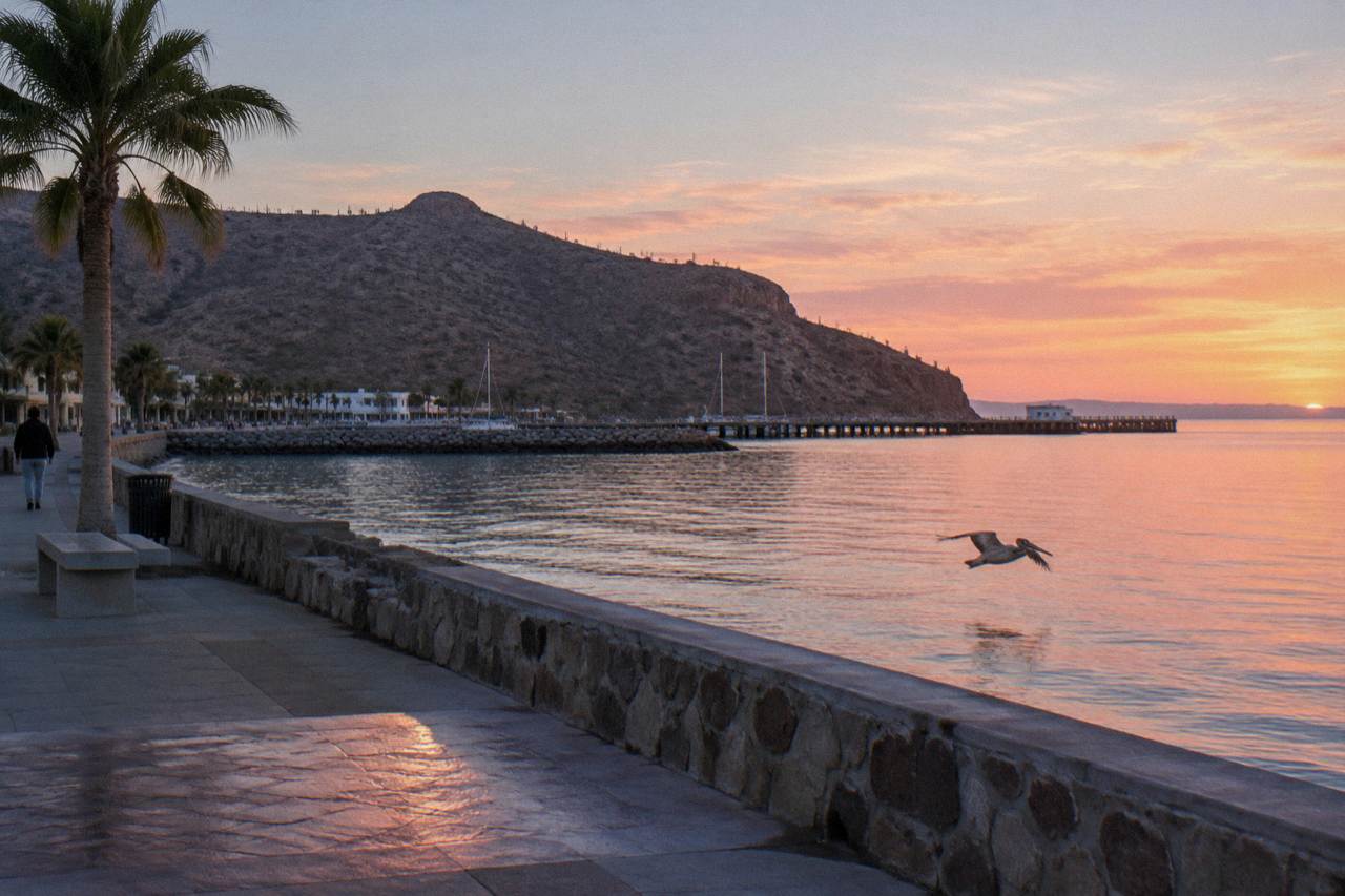 Calm bay water beside a desert hillside in La Paz at sunrise