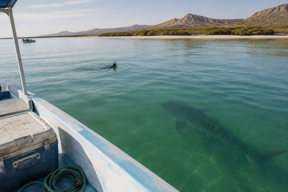 A snorkeler floating on the surface several meters away from a whale shark in clear water