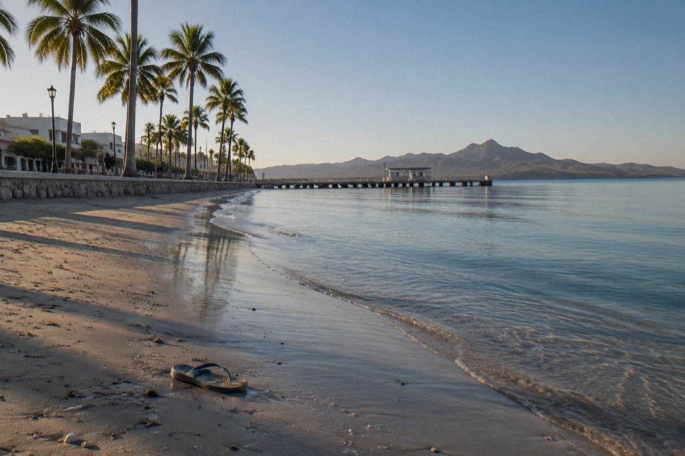 An empty palm-lined beach with turquoise water at the edge of La Paz bay in early morning light