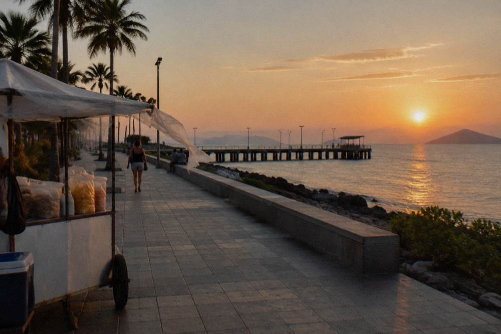 Waterfront promenade at golden hour with calm bay and distant islands