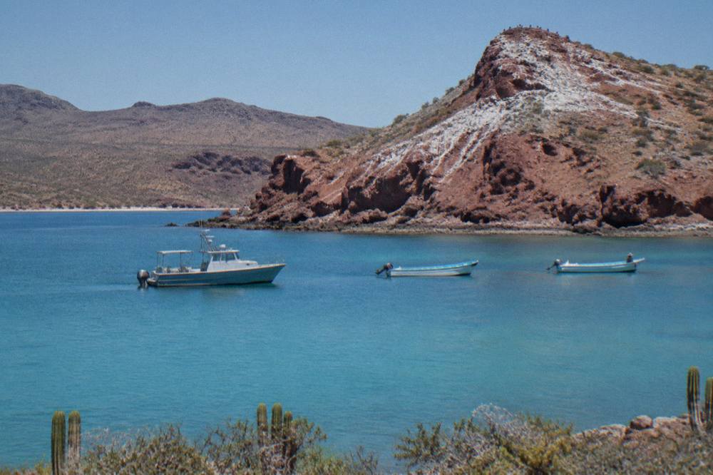 Small patrol boat and pangas anchored near a rocky point in a calm bay