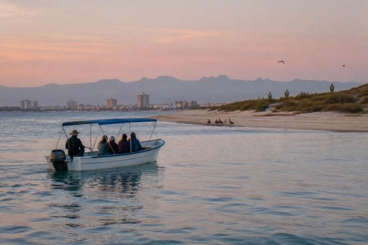 Small tour boat drifting on calm blue water in a wide desert bay