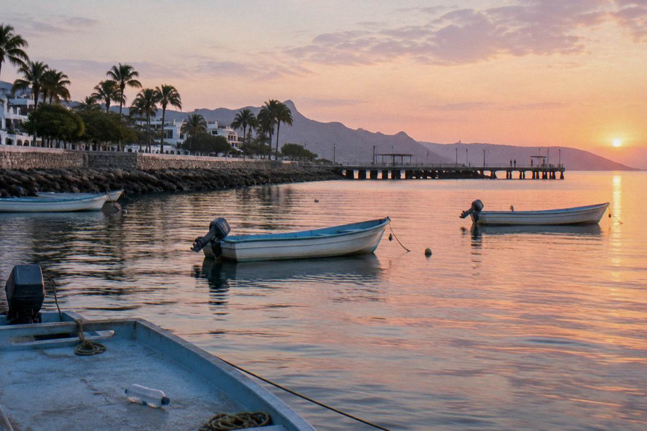 Calm bay water along the La Paz waterfront at sunrise with boats at anchor