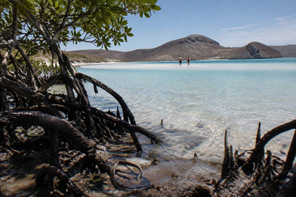Shallow turquoise cove with calm water and low rocky hills at Playa Balandra
