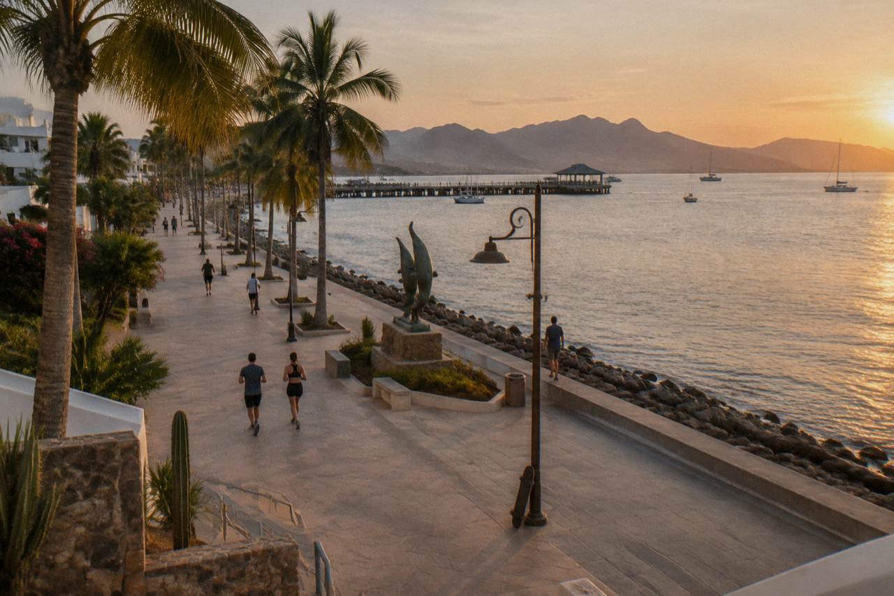 Wide view of the La Paz waterfront walkway at golden hour with calm water and distant hills