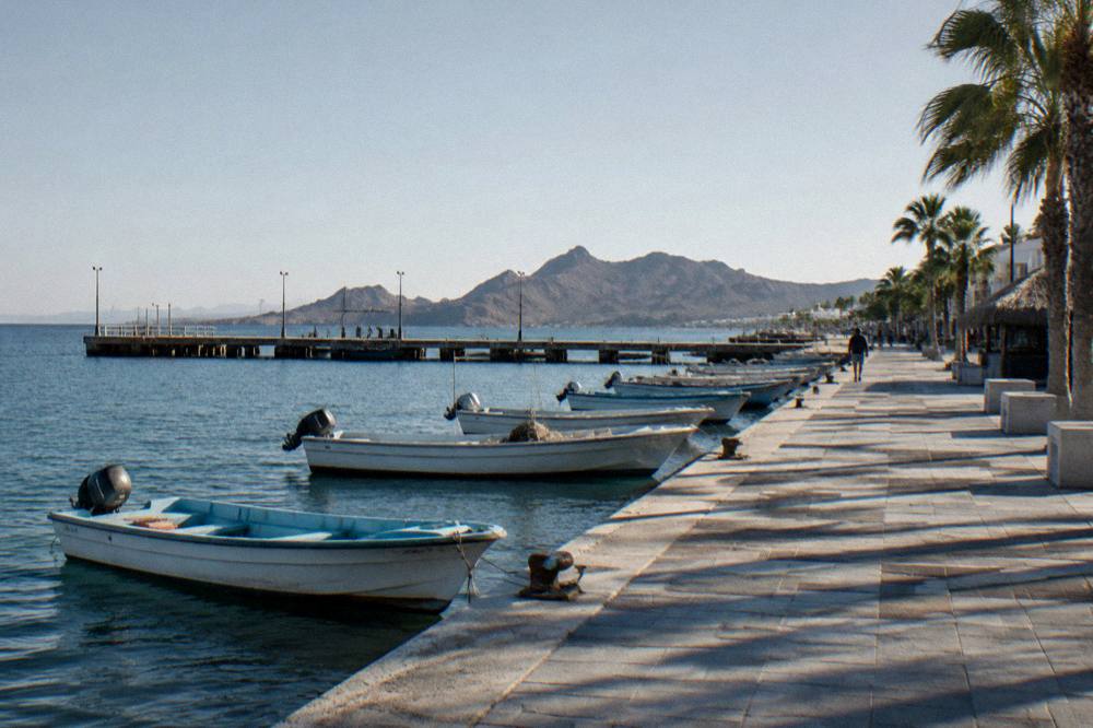 Empty morning pier with moored boats along a waterfront promenade