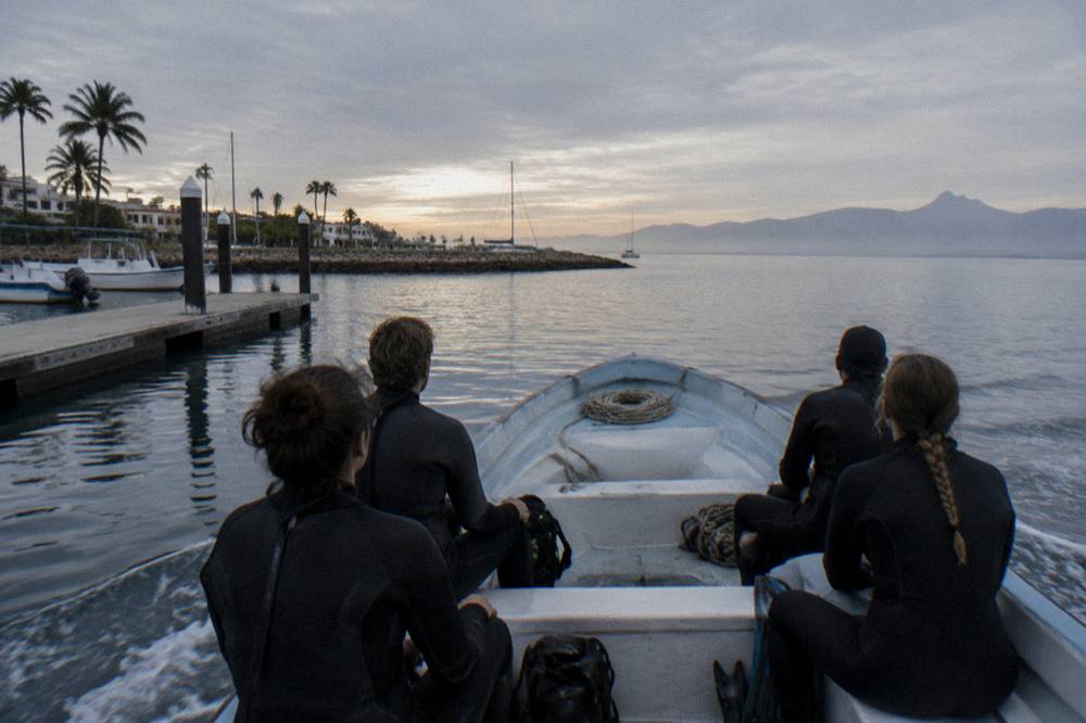 An open boat with passengers in wetsuits heading out from a marina at early morning