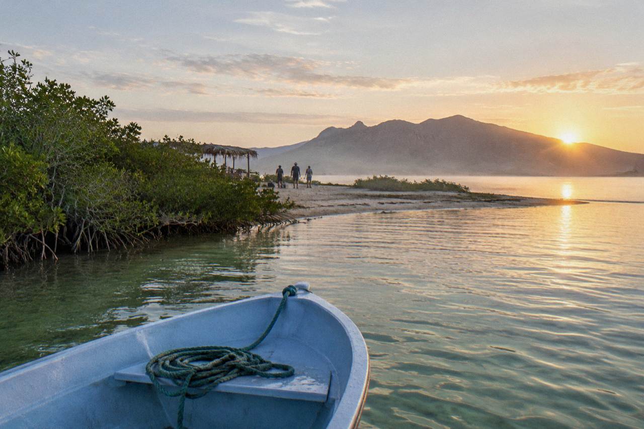 A small open tour boat anchored in shallow green water beside a rocky point at sunrise