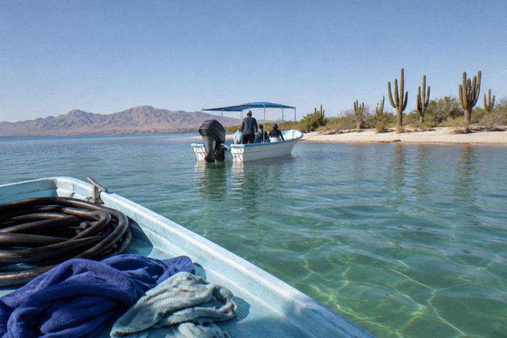 Small snorkel boat at low speed in calm green bay water near La Paz