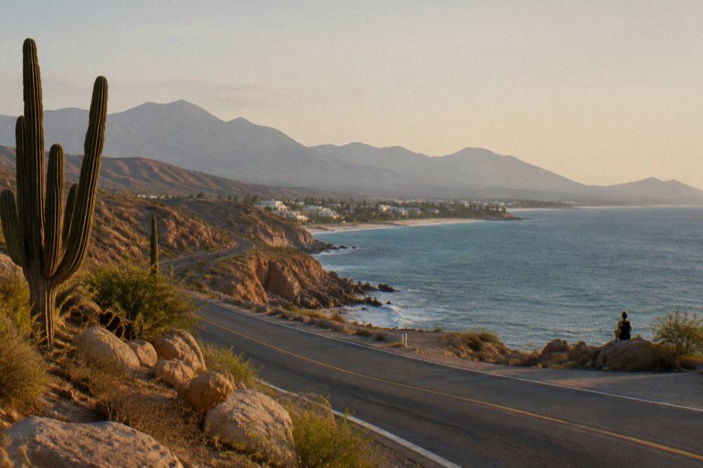 Coastal desert highway curving along the shore between Cabo and La Paz
