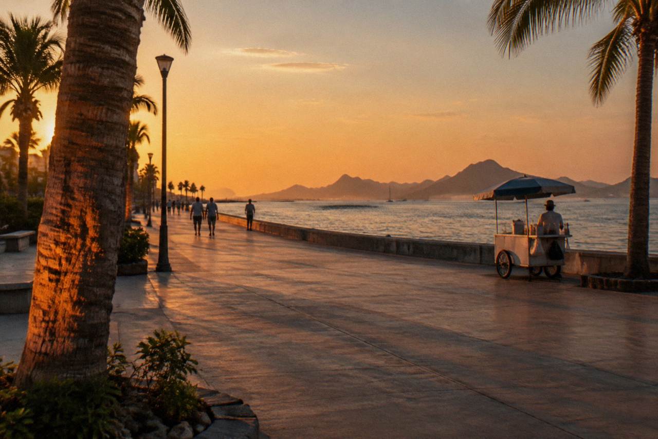 Quiet waterfront promenade in La Paz at golden hour with calm bay water