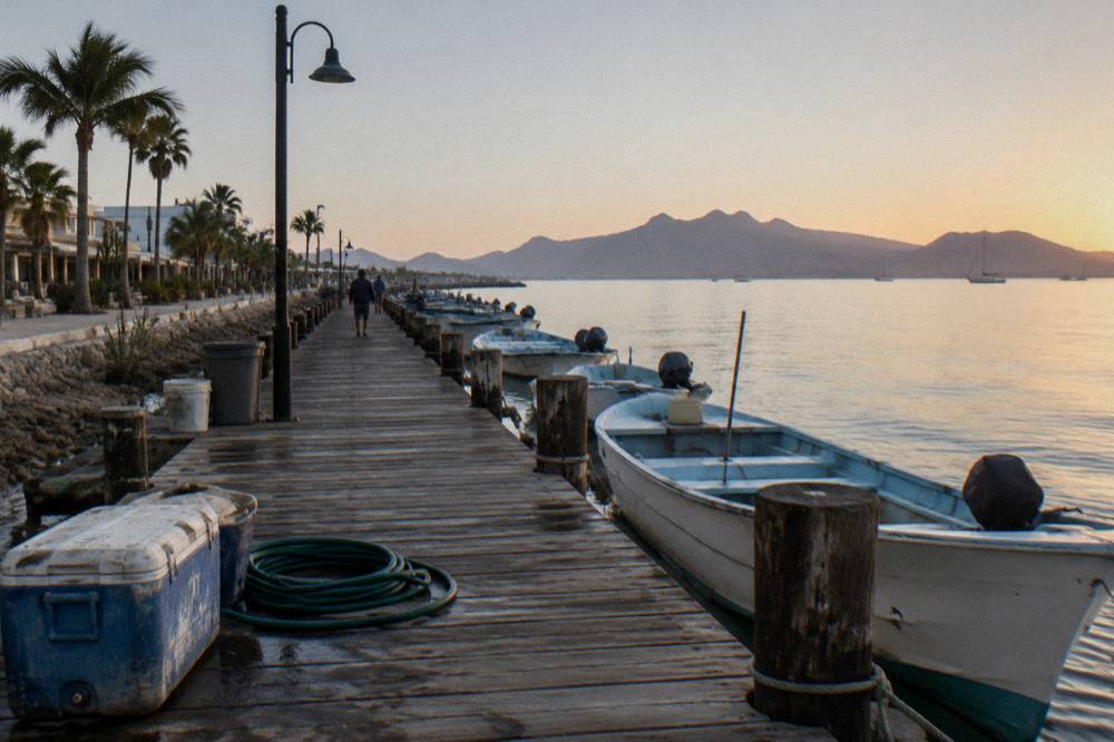 Wooden pier on the La Paz waterfront at first light with boats moored alongside