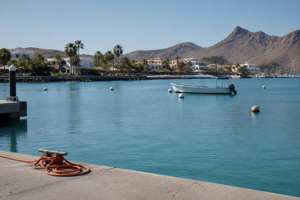 Calm turquoise water of La Paz Bay with a small boat anchored offshore