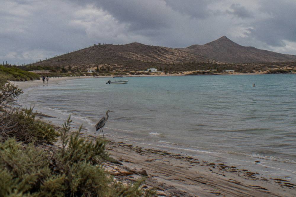 Desert hills above the bay under scattered clouds near La Paz