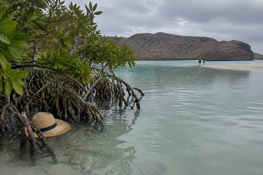 Shallow turquoise bay with sandbars and low desert hills around the shore