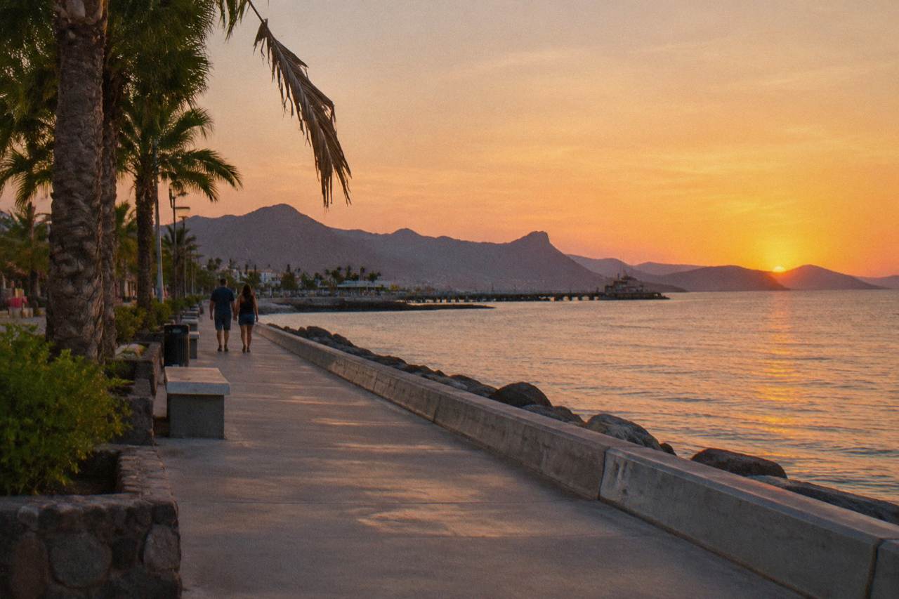 Wide view of the La Paz waterfront walkway beside a calm bay at golden hour