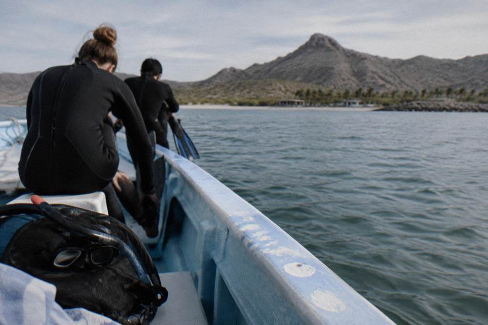Small group of snorkelers in wetsuits on a boat deck preparing to enter the water in La Paz bay