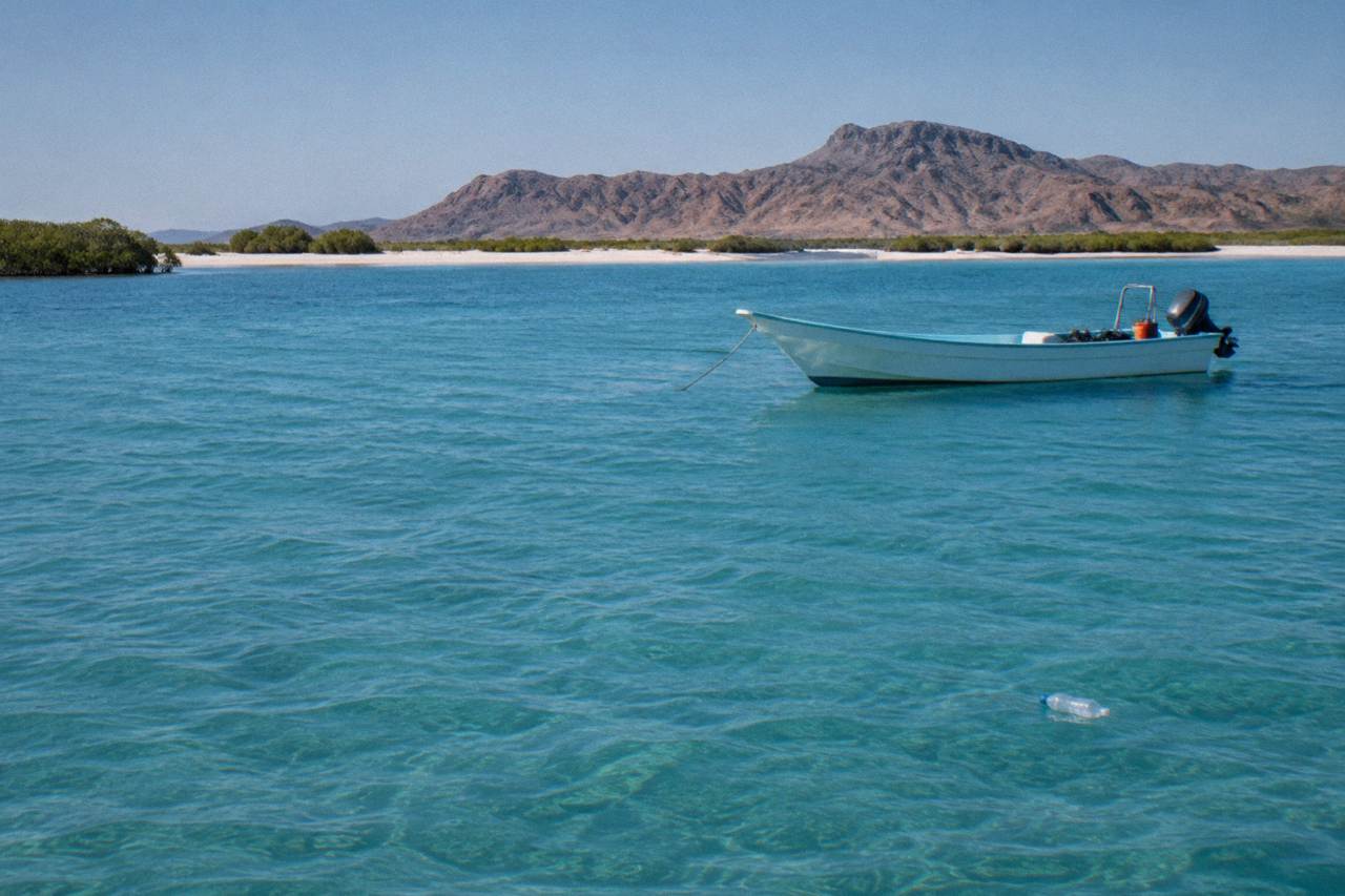Calm turquoise water of La Paz bay with a small snorkel boat anchored in the distance