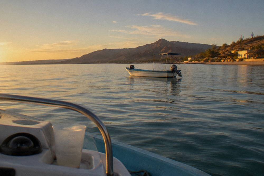 A small open boat with a pennant flying, waiting on open water near La Paz