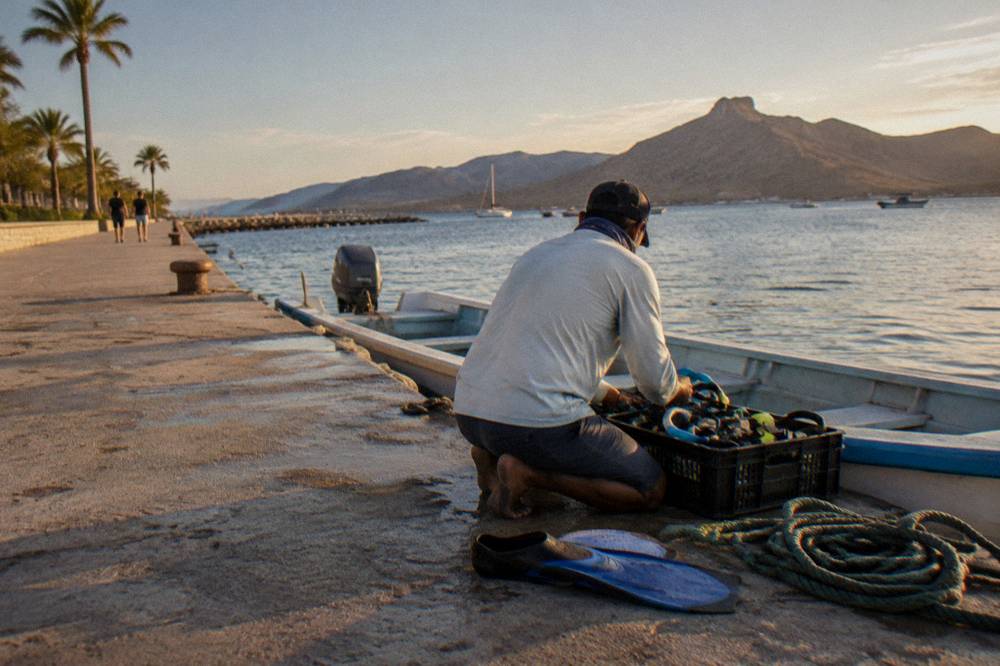 A dockside briefing with a guide holding snorkel gear beside a small boat