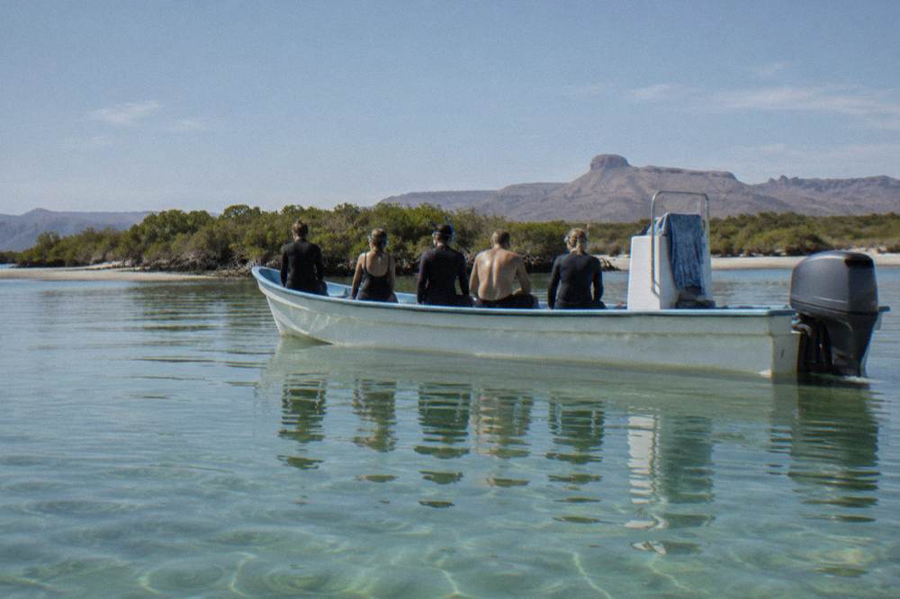 Small boat with snorkelers sitting along the side moving across a flat bay